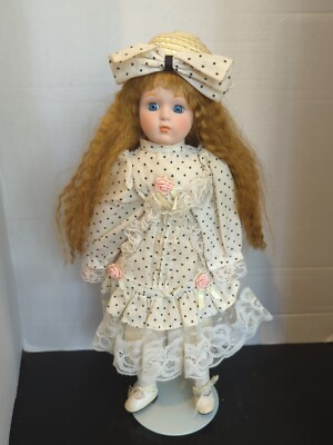 Vintage 16'' Porcelain Doll Black White Polka Dots And Roses Red Hair Blue Eyes