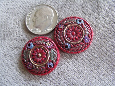 Pr Vintage Czech Egyptian Revival Art Deco Glass Beads Pendants Red 19x3mm