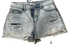 SO Denim Shorts Junior 9/29 High-Rise Curvy Mom Acid Wash Ripped Raw Hem Stretch