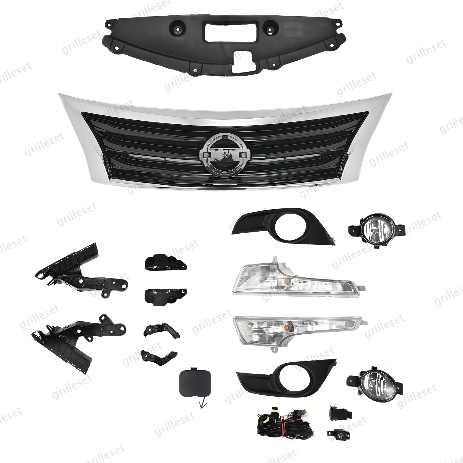 For Altima 2013-15 Complete Front Upper Chrome Grille, Fog Light Signal Lamp Kit