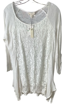 NWT Cupio Blouse White w/ Lace Overlay Tank Tunic 3/4 Sleeve Top Size L