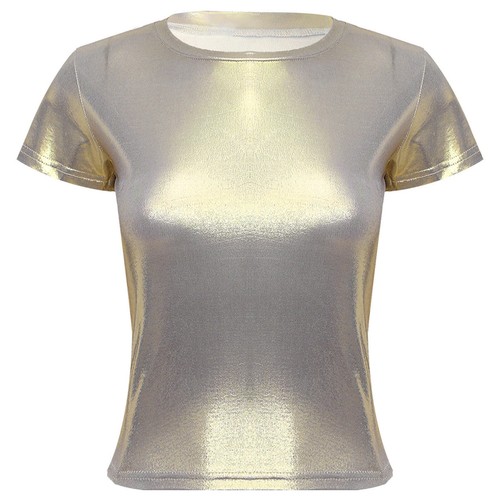 Women's Shiny Metallic T-shirt Rave Disco Clubwear Short Sleeve Round Neck Top - Picture 14 of 53