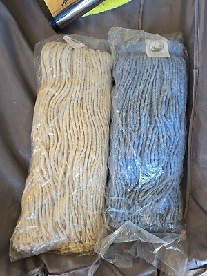 Cut End Lie Flat Wet Mop Head Cotton 24oz White & Blue Lot Of 2