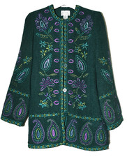 Linea Louis Dell'olio Green Multicolor Embroidery Boucle Wool Rayon Coat Size Xs