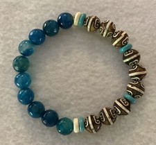 Handmade Mens Brown Tibetan Agate  Aquamarine Stone Beaded Bracelet/8.25  Length