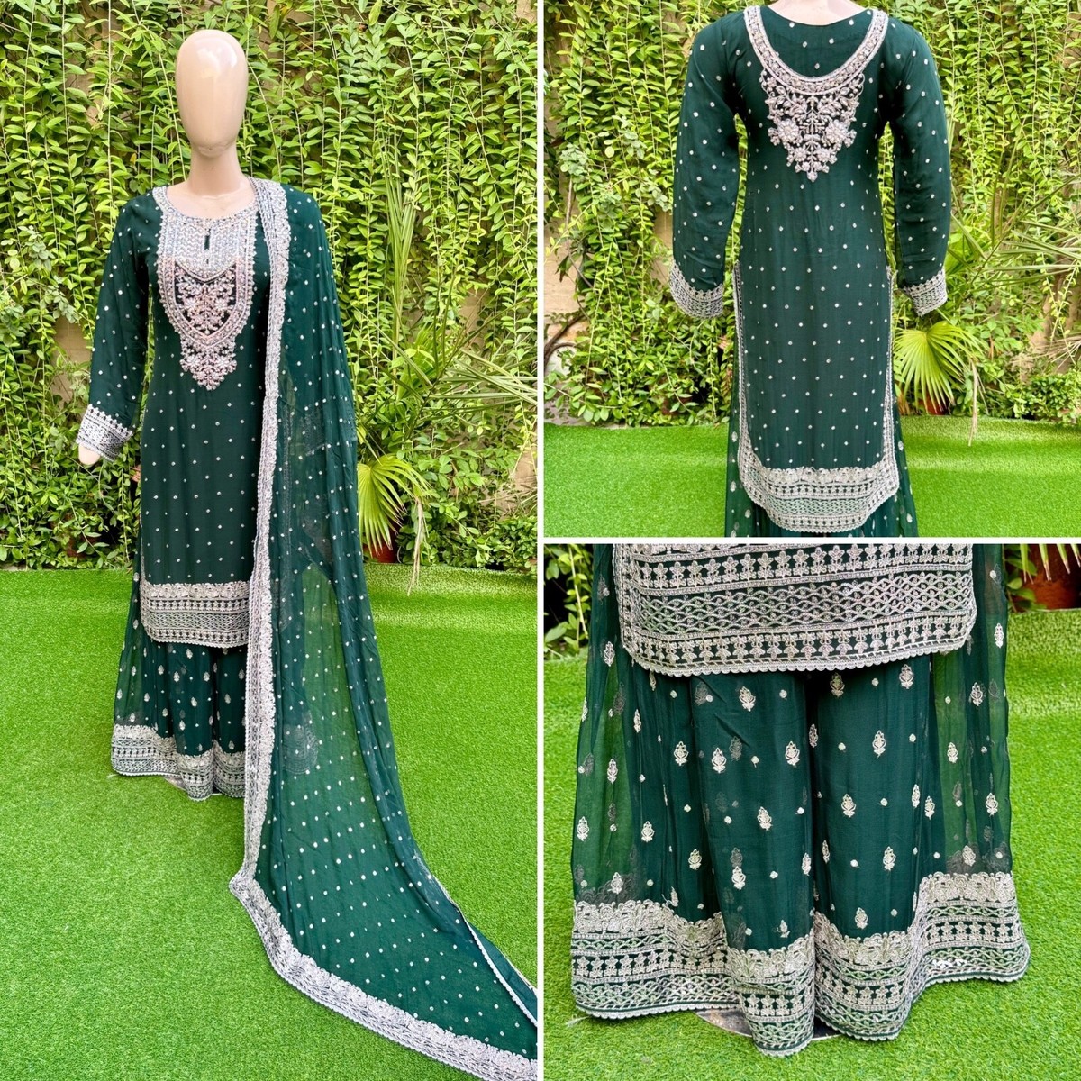 slim fit dress slacks Green Silk Work Printed Gharara Style Suit Green / Stone / Silk main image 1