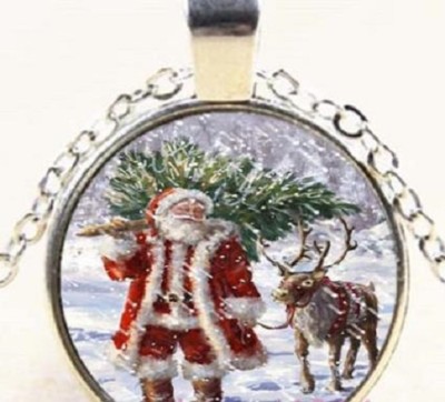 SANTA TREE SNOW DEER CHRISTMAS pendant Silver 20'' Necklace women 