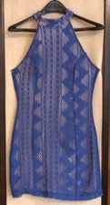 Caprices Blue Lace Halter Dress Size Large with Sexy opening in the Back