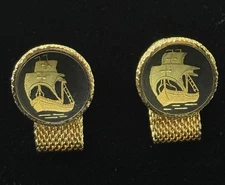 Cufflinks Sailing Ship Swank  Vintage Matte  Gold Tone Metal Mesh  Nautical