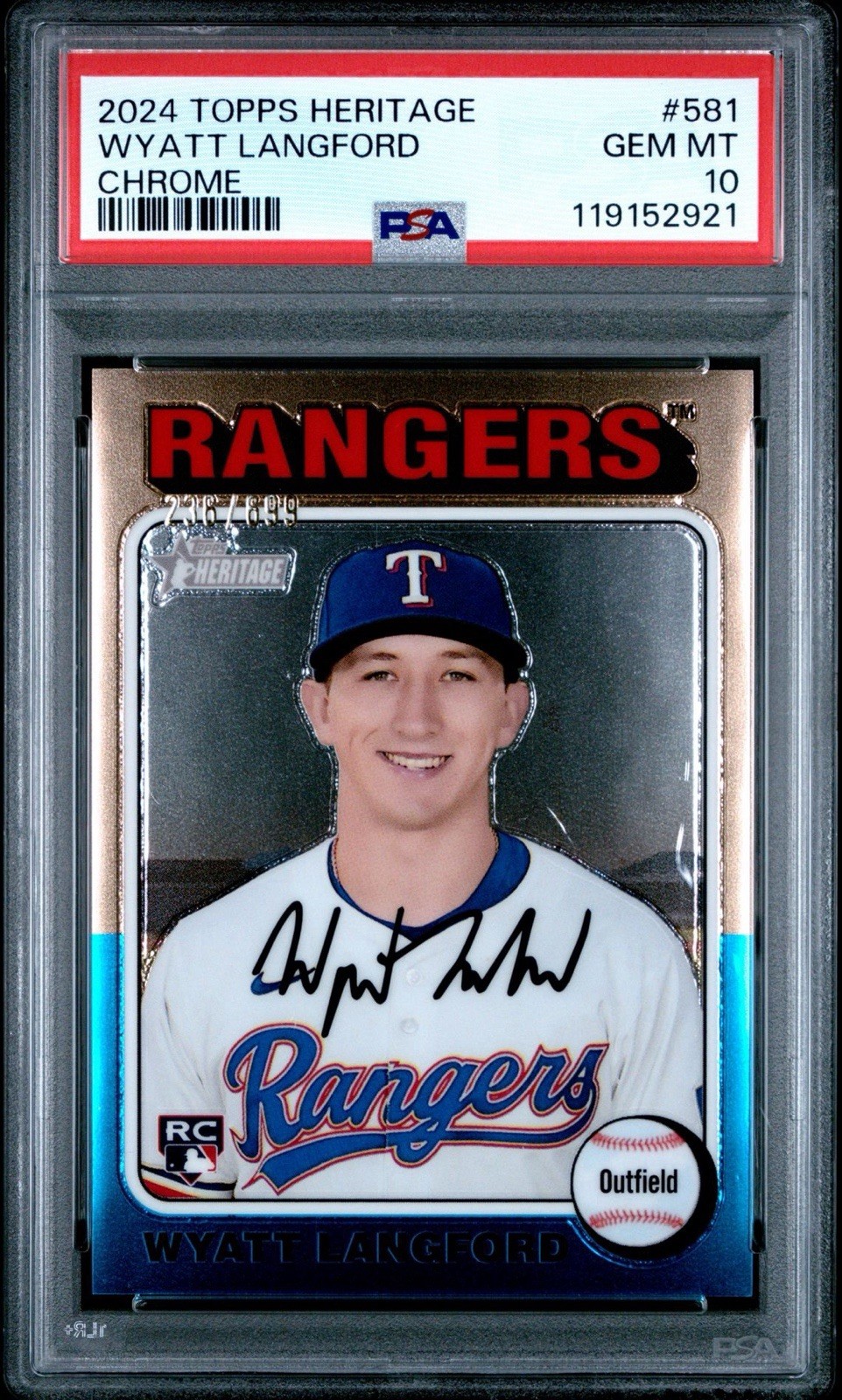 2024 Topps Heritage Chrome Wyatt Langford 581 CHROME /699 Texas Rangers PSA 10