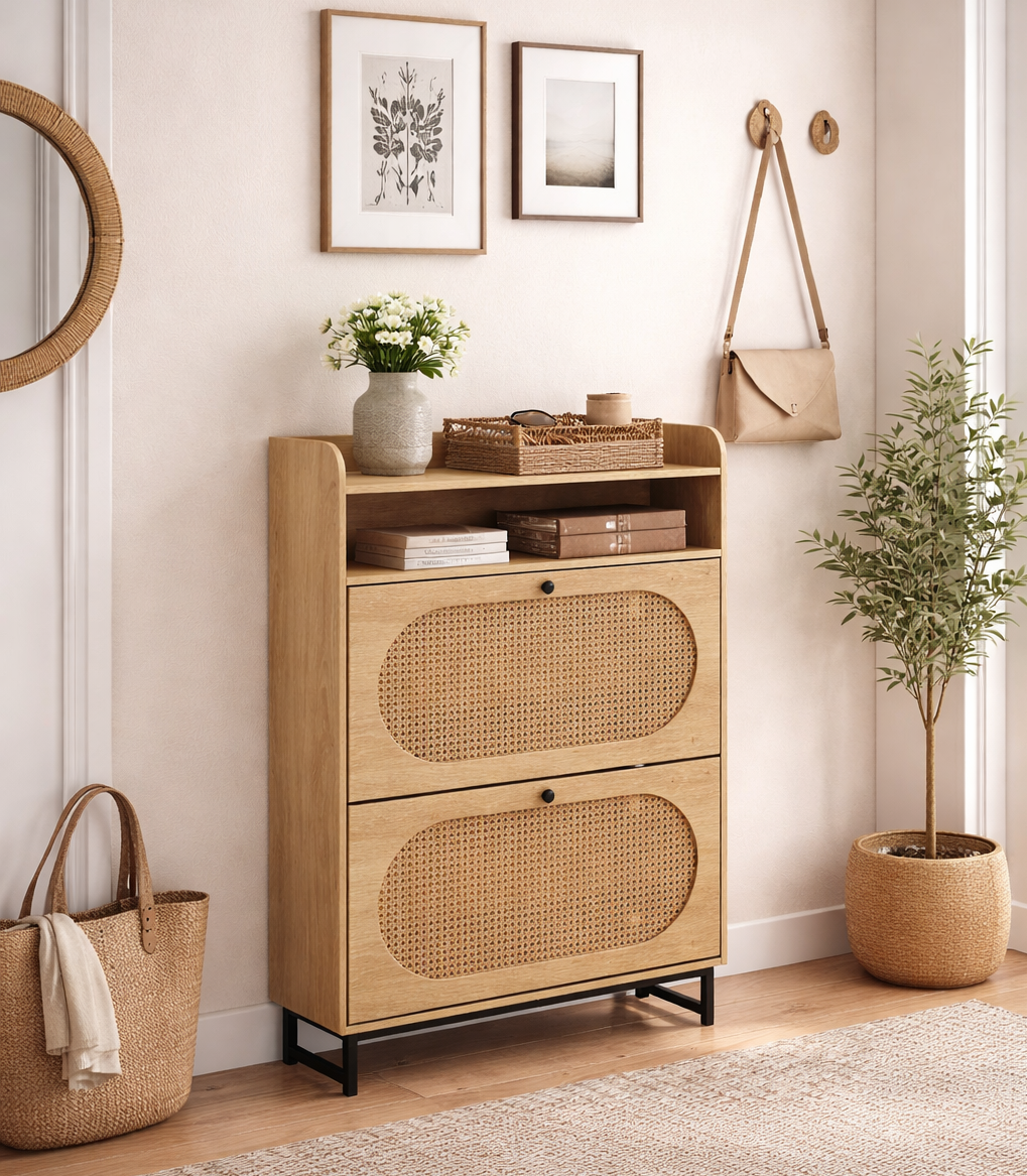 Rattan Shoe Cabinet Narrow Storage 2 Flip Drawer Shelf Entryway Organizer Brown
