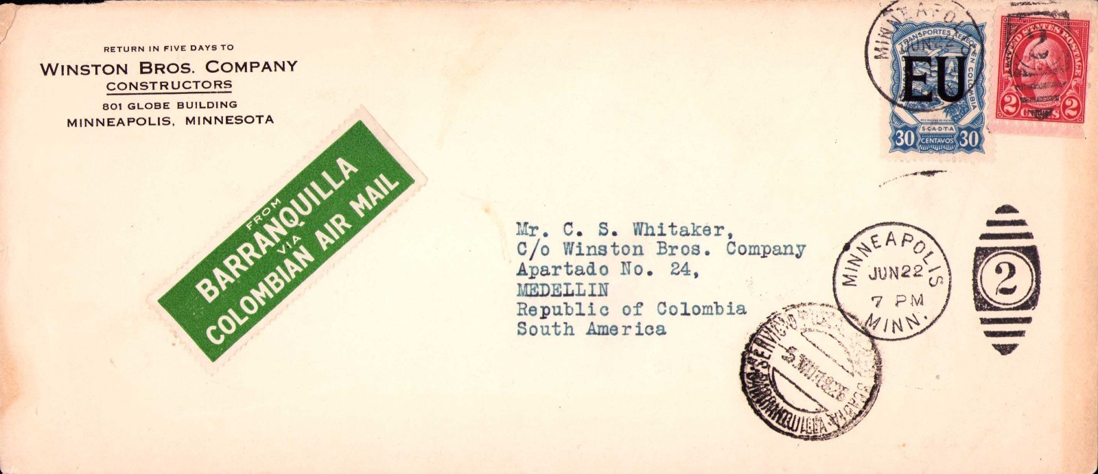 USA - COLOMBIA - SCADTA - 30 COVER - MINNEAPOLIS to MEDELLIN - 1926 RR