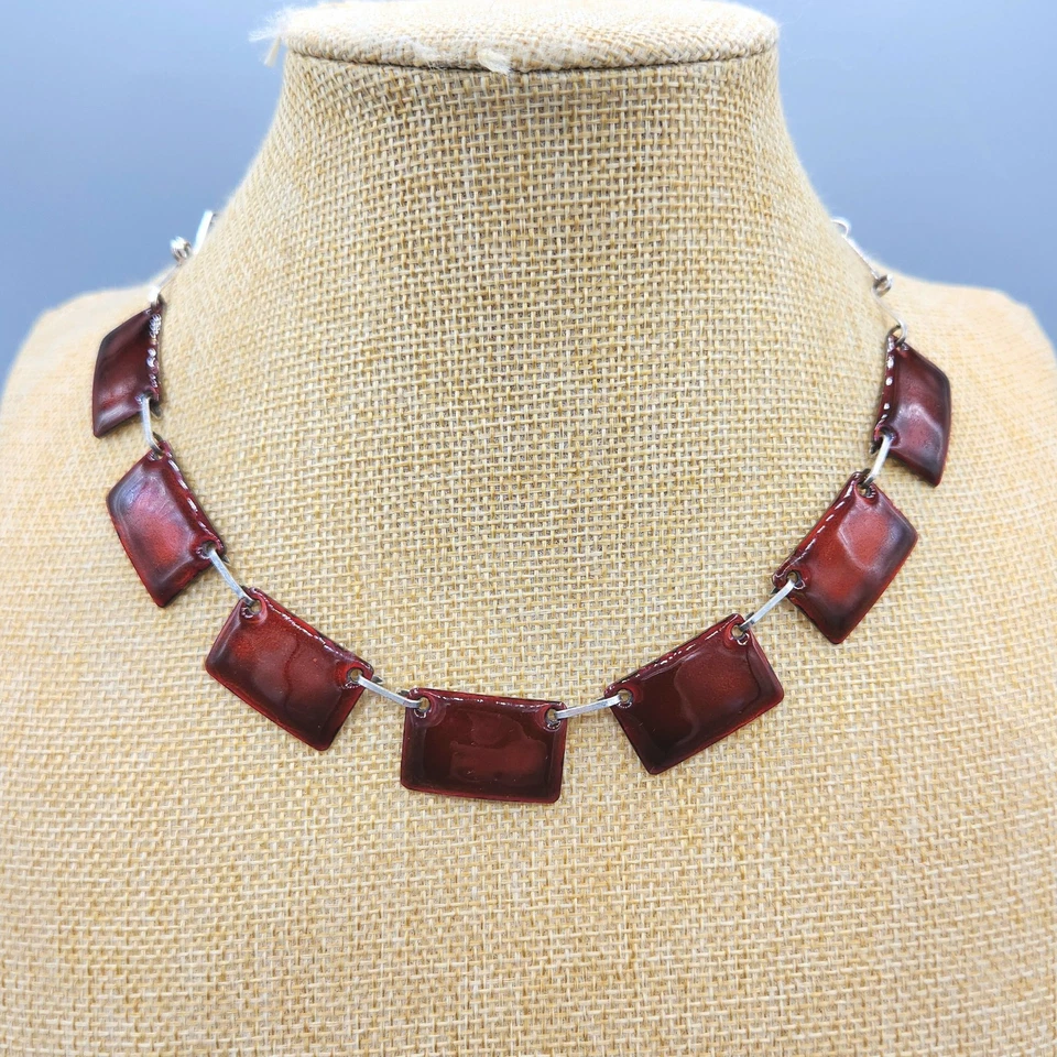 Collar de eslabones de barra panel esmalte rojo modernista plata 800 firmado vintage 16" Foto 4 de 4