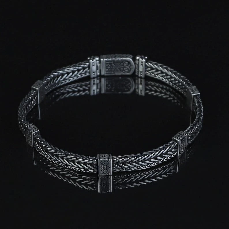 Solid Chain Bracelet Sterling Silver, Engraved Handmade Foxtail Bracelet - Image 2 of 4