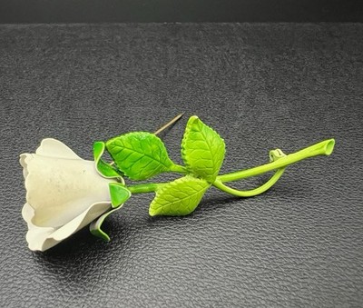 Vintage Coro Enamel White Rose Brooch  Very Small Amount Of Wear