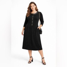 NWT Talbots Black Ponte Dress Faux Leather Trim Grommet Midi Sz 18