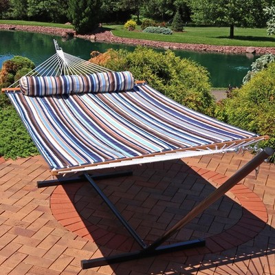 Large Quilted Hammock with Spreader Bar and Pillow - Ocean Isle by Sunnydaze