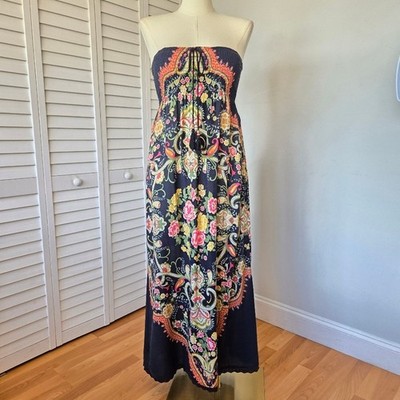 Flying Tomato Black Boho Floral Paisley Strapless Maxi Dress Size M Bohemian
