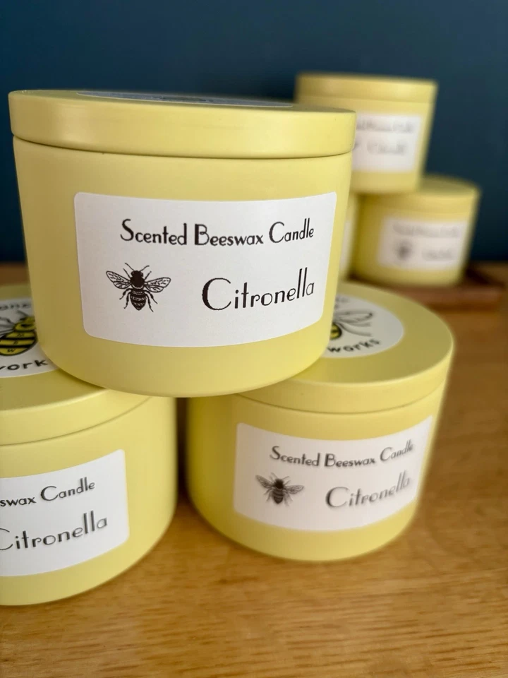 Large Citronella Beeswax Candle In Modern Yellow Tin With Wooden Wick. - Image 3 of 4