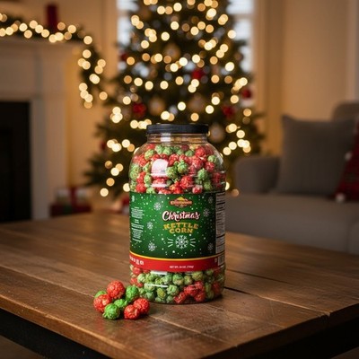 Festive 26 oz Christmas Kettle Corn in Red & Green Tub - Holiday Snack Treat