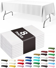 8 Pack White Plastic Tablecloths 54 x 108 Inch Disposable Rectangle Table Covers