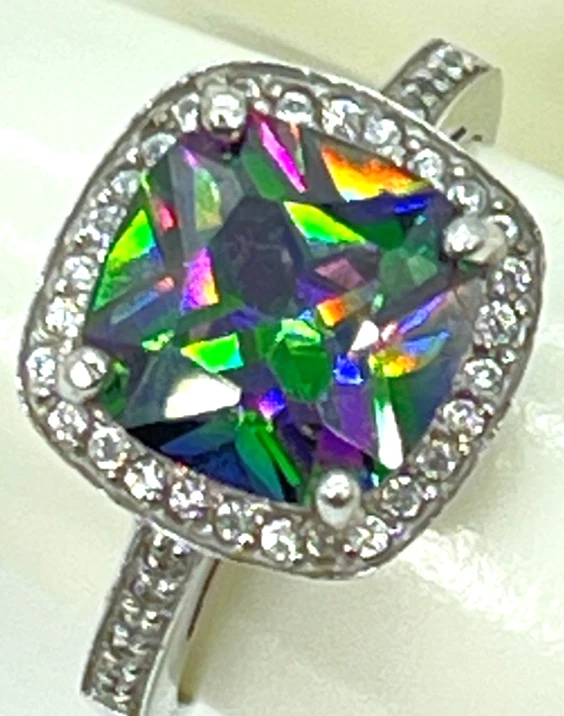 Ring  NF 925 Silver Square Mystic Topaz Surrounded by Clear CZ Crystals.  Size 6 - Image 2 of 4
