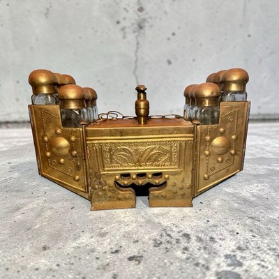Antique Ornate Turkish Shoe Shine Box Copper Wood Rex Boot Cream