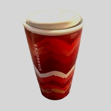 STARBUCKS 2014 Red Chevron Tumbler Zig Zag Ceramic Coffee Mug Travel Cup 10oz