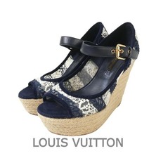 LOUIS VUITTON Espadrille Open Toe Wedge Heel Sandals Lace Leather Size 34 Authen