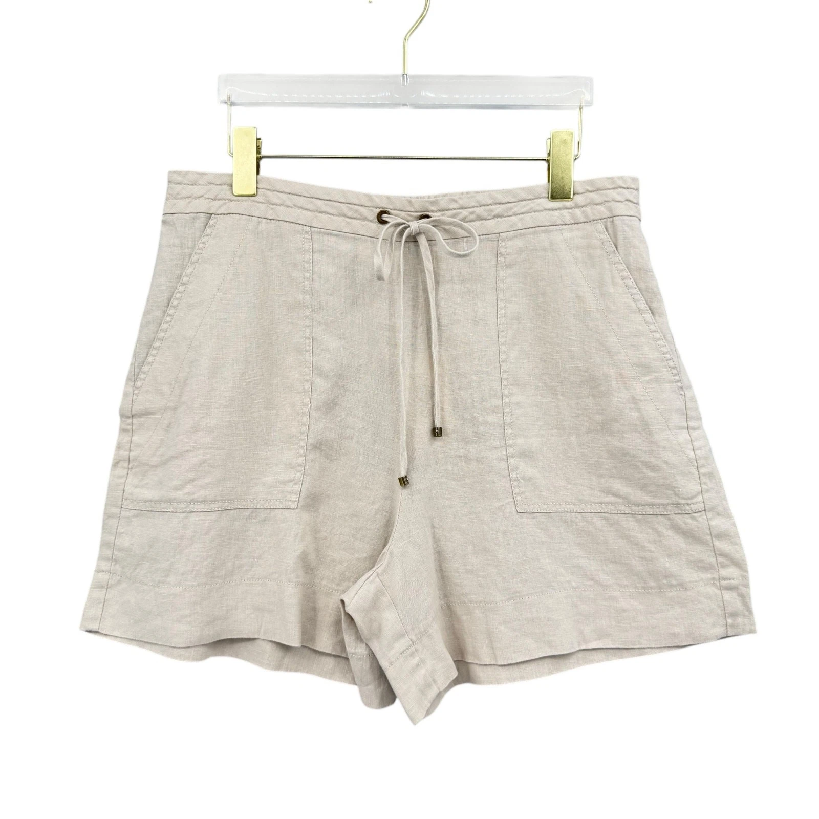 Trina Turk Out of Office L NWT Soothe 100% Linen Neutral Beige Drawstring Shorts