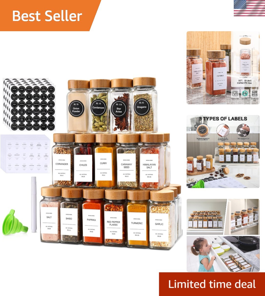 Customizable 36 Pack Glass Spice Jars - Bamboo Lids and Pre-Printed Labels