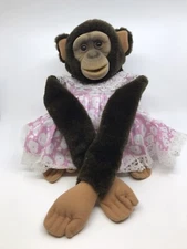 Childs Play Hosung Girl Chimp Monkey Puppet w/ Pink & White Dress 1984 Vintage