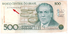 Mazuma *F2181 Brasil 1986 500 Cruzeiros A7742064278A 1st Prefix UNC