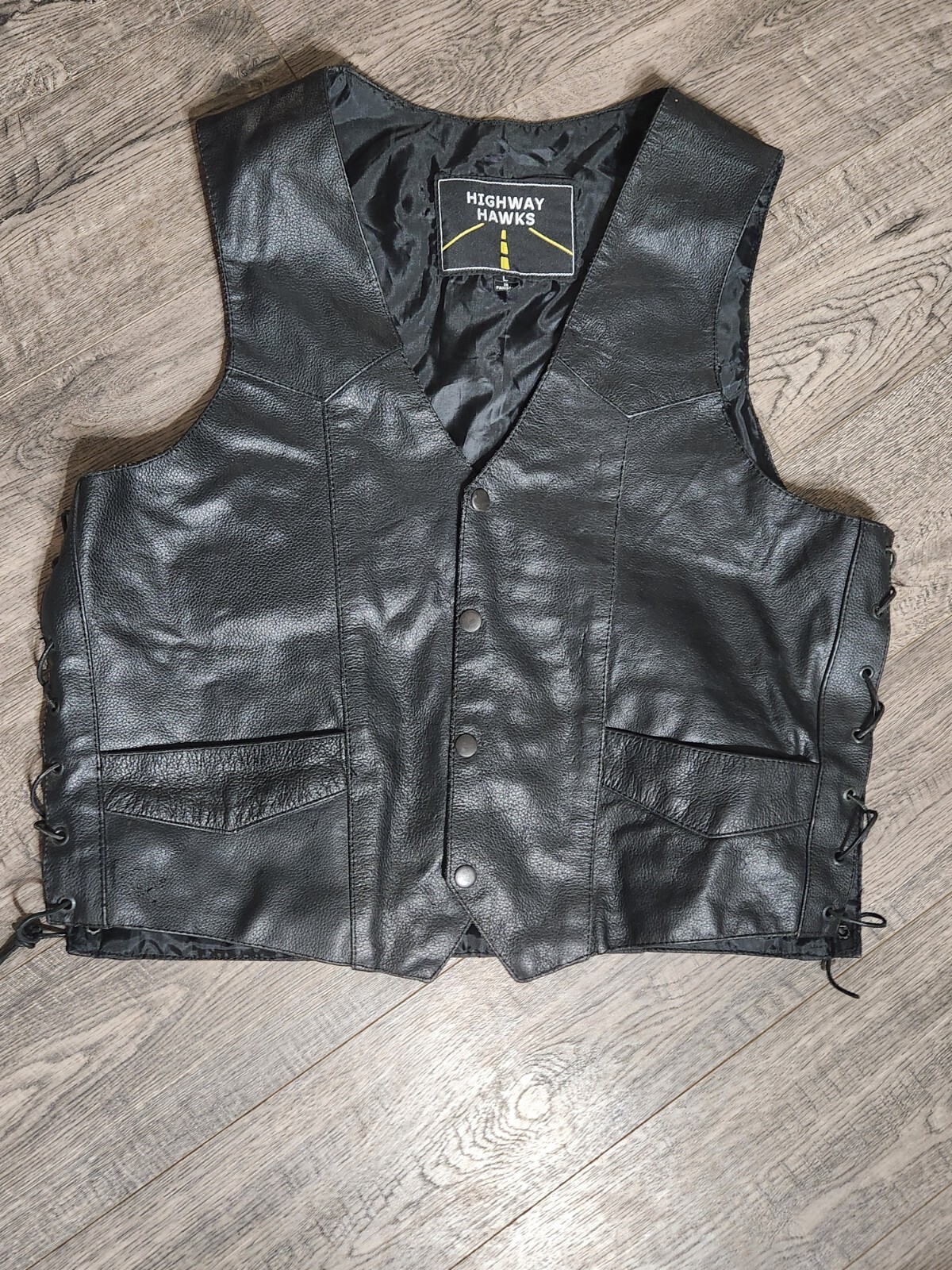 Mens Highway Motorcycle Black Leather Riding VEST Lar… Gem