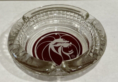 Vintage MGM Grand Hotel Casino Glass Ashtray 4.5'' Clear Leo Lion Logo Las Vegas
