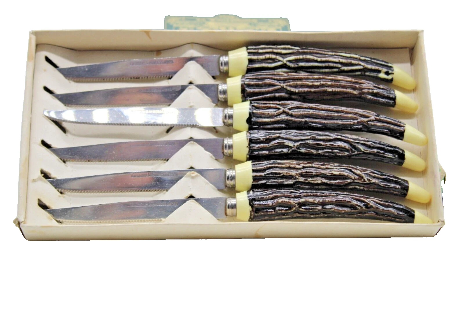 Vintage EverBrite Stainless Steel Serrated 6 piece Steak Knife Set Stag Handle