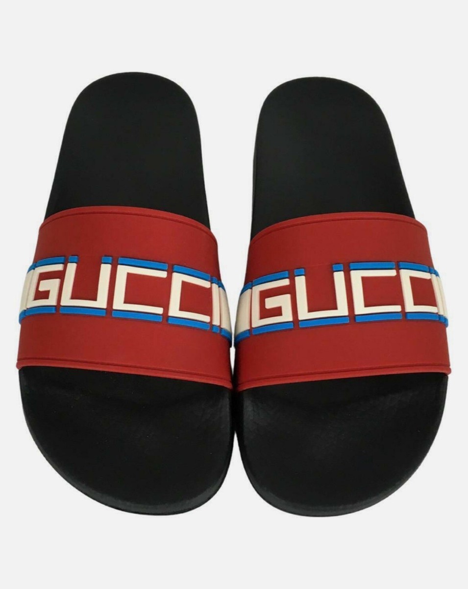 Gucci Slides Logo Print “Gucci” Black/White/Blue Rubber  display picture 2