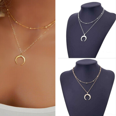 Chain Crescent Boho Horn Layer Fashion Double Moon Choker Pendant Necklace