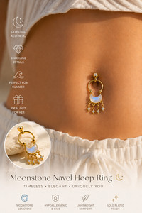 Authentic Gold Plated Moonstone Navel Hoop Ring CZ Dangle Belly Button Piercing Jewelry