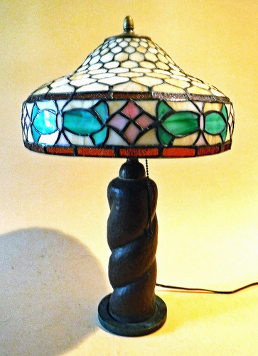 Antique Mission Arts & Crafts Hammered Lamp & Vintage Stain Glass Leaded Shade