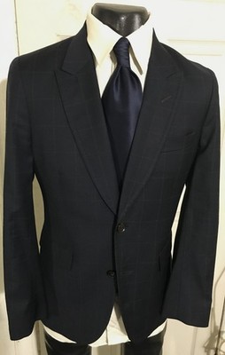 PAUL SMITH SIZE 38R NAVY W/SQUARES 2 BUTTON WOOL SPORTCOAT