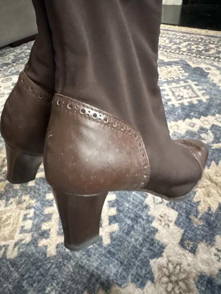 Bruno Magli Italy Brown Stretch Sock Leather Ankle Boots 9B Block Heel Womens - Image 4 of 4