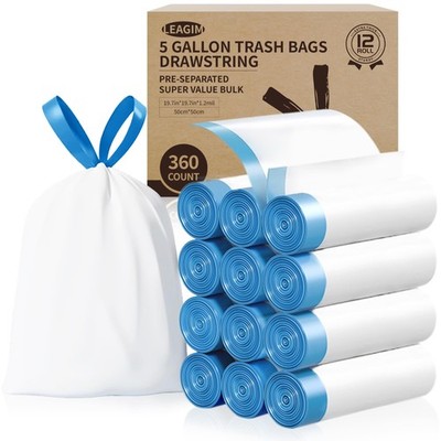 5 Gallon Trash Bags, 360 Count -1.2 Mil Drawstring Small Garbage Bags, White ...