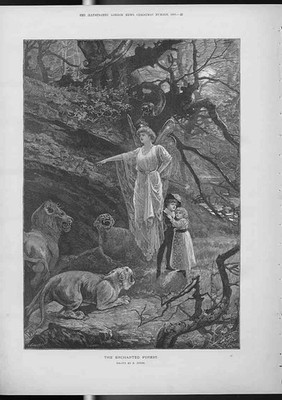 Original alter antiker Druck Löwen im verzauberten Wald von Jones 1891 0 viktorianisch