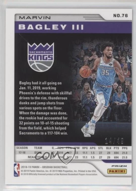 2018 Obsidian Rookies Electric Etch Purple Prizm /49 Marvin Bagley III Rookie RC - Image 2 of 2