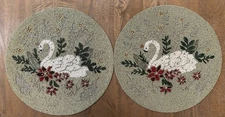 SET OF 2 Swan Beaded Placemats Chargers Green White Tahari 15" Round - NEW