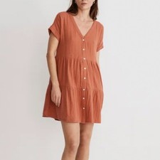 Madewell Lightspun Tiered Mini Dress Womens M Rust Gauze Button Front Cotton