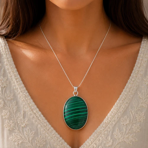 Natural Malachite Pendant | 925 Sterling Silver | Handmade Gemstone Jewelry - product listing photo