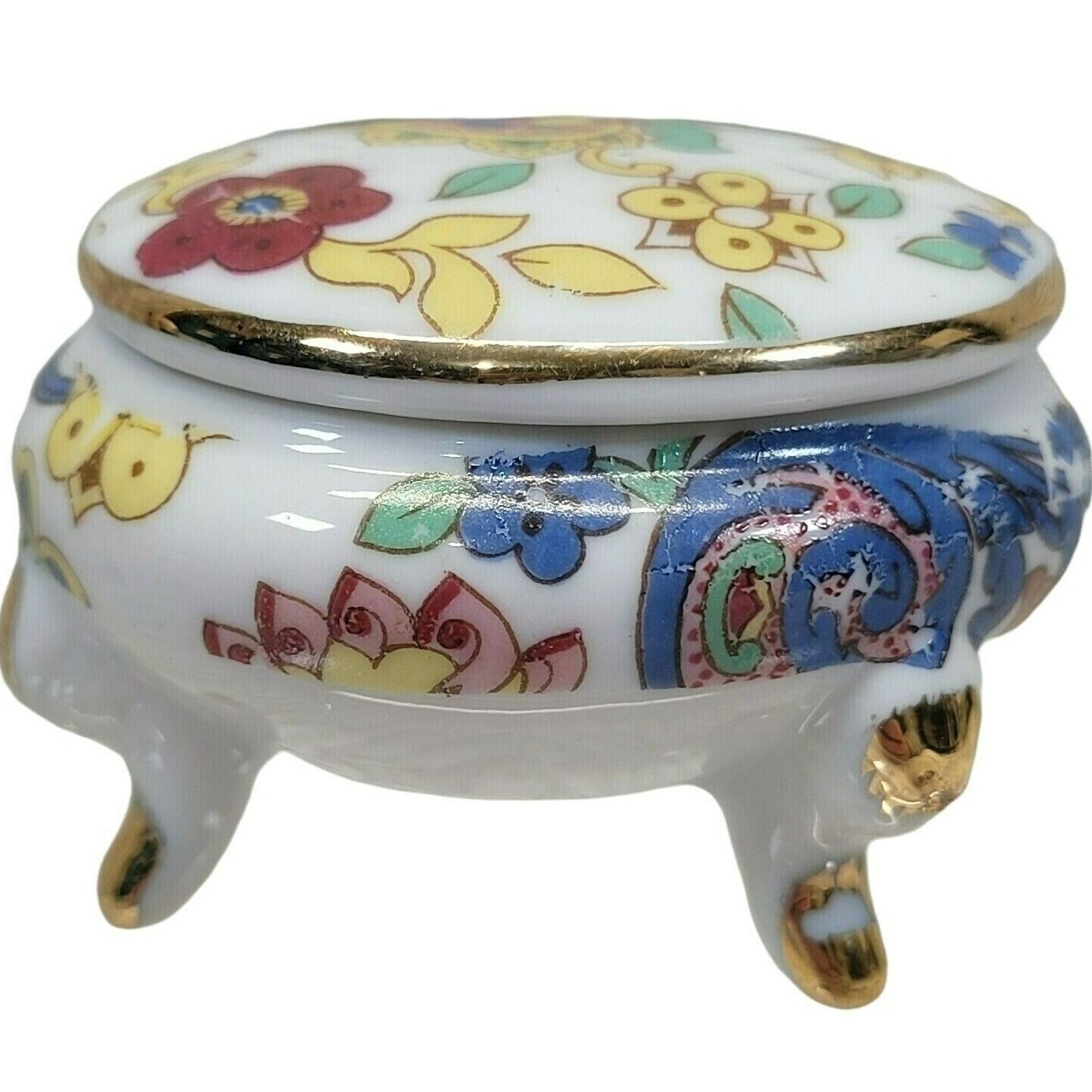 Lefton Trinket Box Small White Floral Porcelain Footed Gold Trim Japan Vintage
