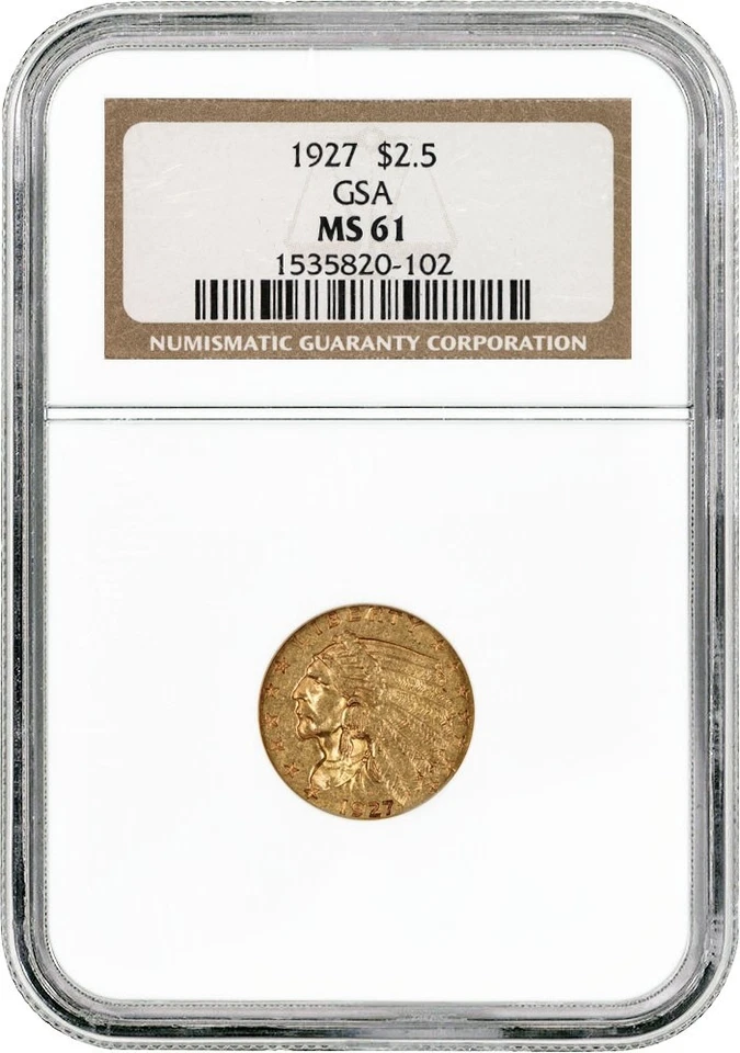 Moneda de oro de $2,50 Indian Head Quarter Eagle de 1927 NGC MS61 GSA sin circular